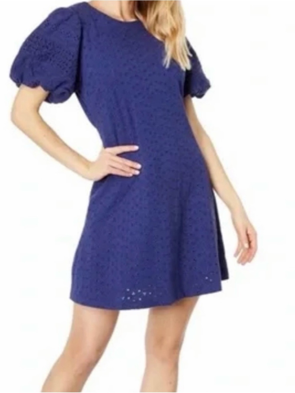 Free People Apricot Rose Puff Sleeve Eyelet Dress in Navy Size Medium New